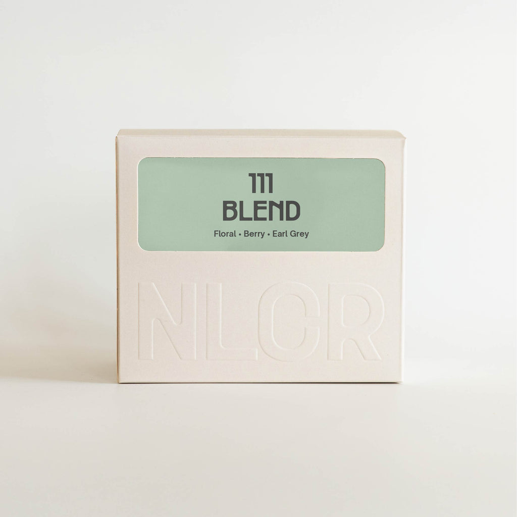 Box of 111 Blend tea with 'NLCR' branding on a white background