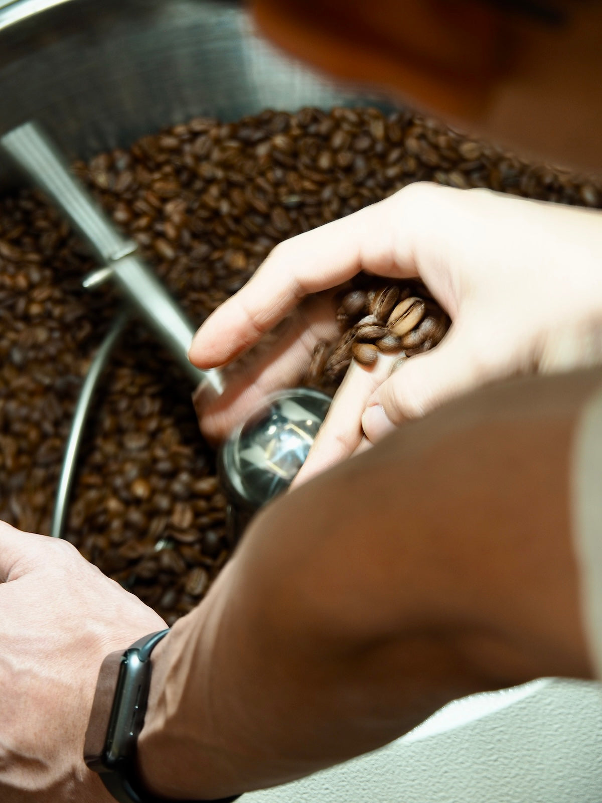 Roaster owner Loo Yi sorting coffee beans over a roaster drum picking only the best.